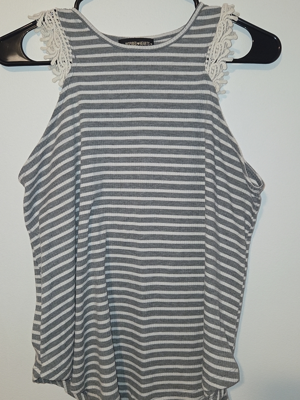 Inspired Hearts Gray & White Striped Lace-Trim Tank Top